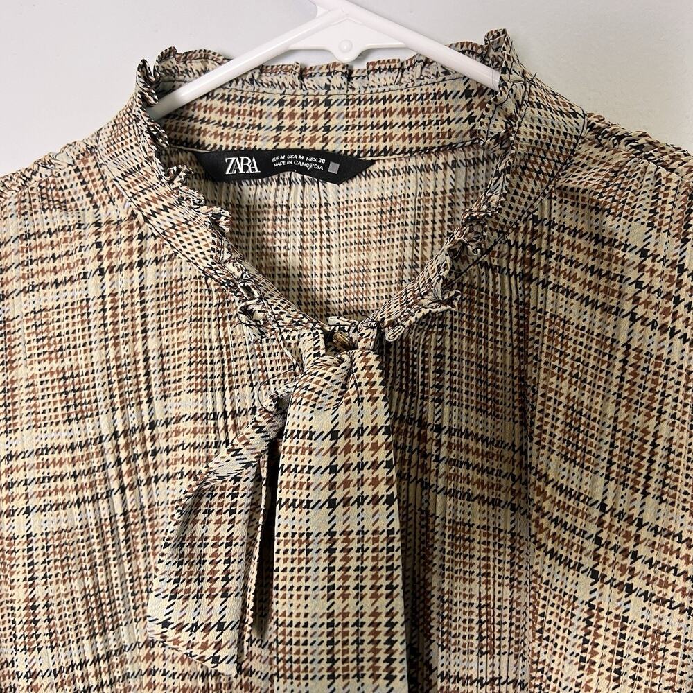 Zara Women's plaid pleated blouse high collar tie bow Blouse Sz M Babydoll - Picture 10 of 14